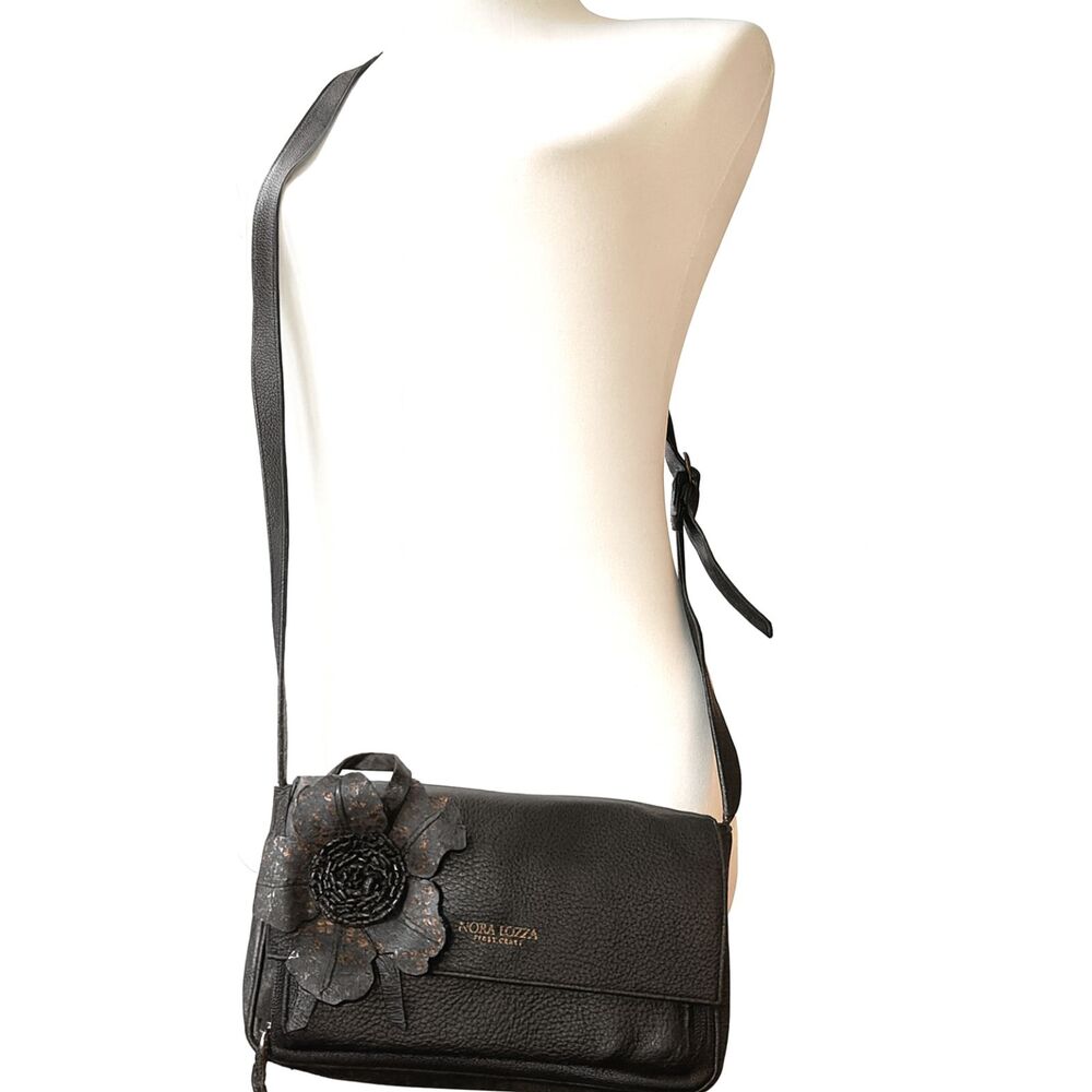 Nora Lozza Black Leather Crossbody Bag Designer Pink Lining Flower Applique